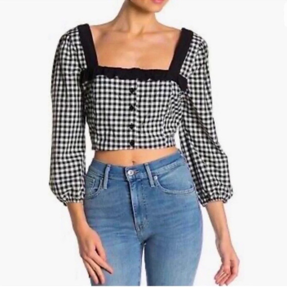 BCBGeneration Crop Top Ruffled Gingham Black White Blouse Top Shirt Sz S NWT $78 - Picture 1 of 13